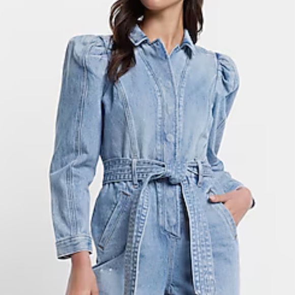 Express Puff Sleeve Tie Waist Medium Wash Denim Jumpsuit - Picture 2 of 8